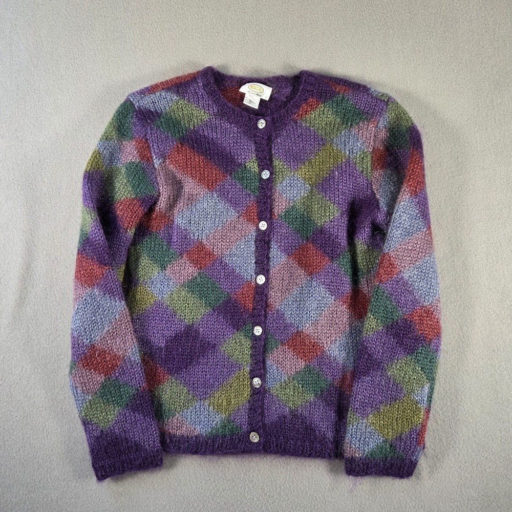 Talbots Sweater Womens Medium Purple Mohair Wool Cardigan Diamond Hand Knit